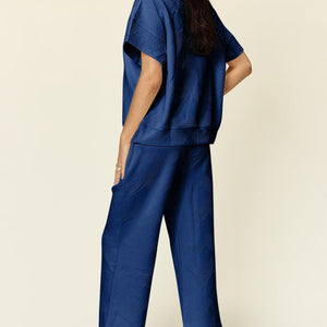 Double Take Full Size Texture Half Zip Short Sleeve Top and Pants Set