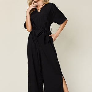 Double Take Full Size V-Neck Tied Side Slit Jumpsuit