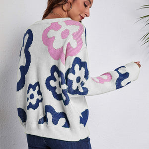 Flower Pattern Round Neck Long Sleeve Sweater