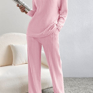 Ribbed V-Neck Top and Pants Lounge Set