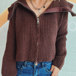 Collared Neck Zip Up Long Sleeve Cardigan