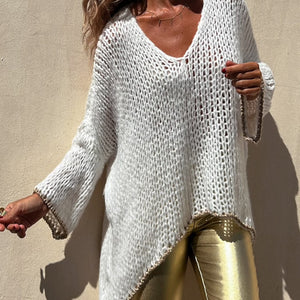 Contrast V-Neck Long Sleeve Sweater