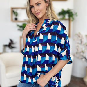 Double Take Full Size Geometric Notched Half Sleeve Blouse