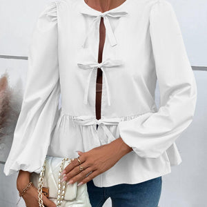 Ivy Lane Peplum Tied Long Sleeve Blouse