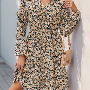 Perfee Printed Tie Neck Long Sleeve Mini Dress