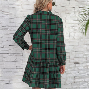 Ruffle Hem Plaid Button Down Long Sleeve Dress