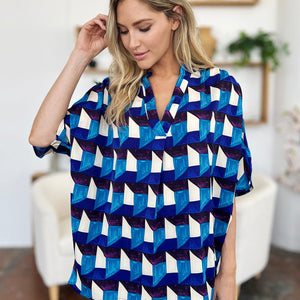 Double Take Full Size Geometric Notched Half Sleeve Blouse