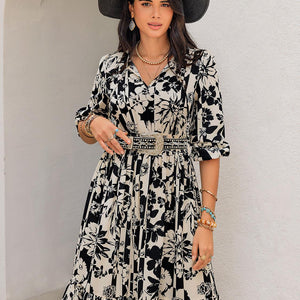 Smocked Printed Tie Neck Long Sleeve Dress