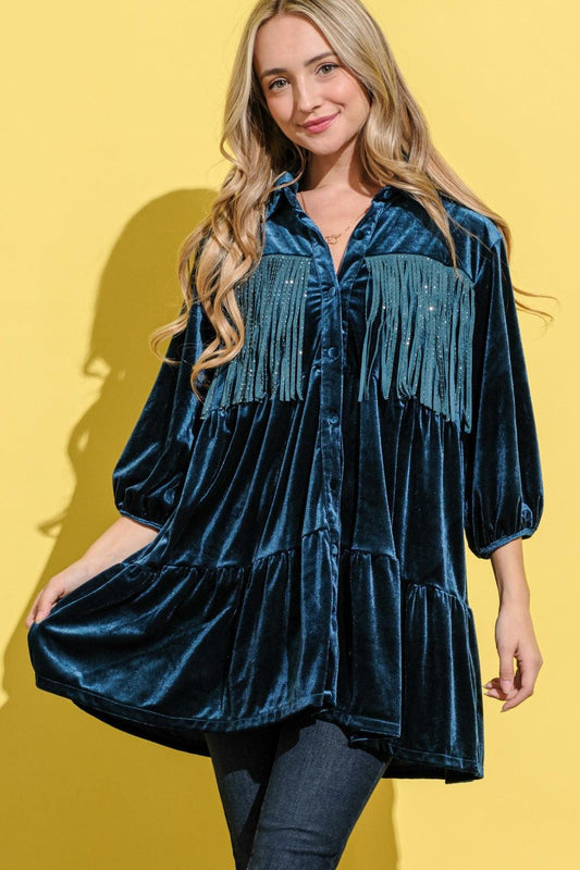 And The Why Fringe Detailed Velvet Shirt Dress