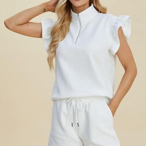 Double Take Full Size Texture Flounce Sleeve Top and Shorts Set