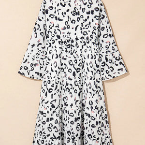 Tiered Leopard Notched Three-Quarter Sleeve Dress