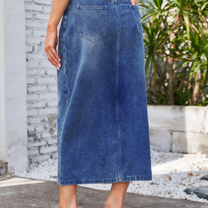 Slit Midi Denim Skirt with Pockets