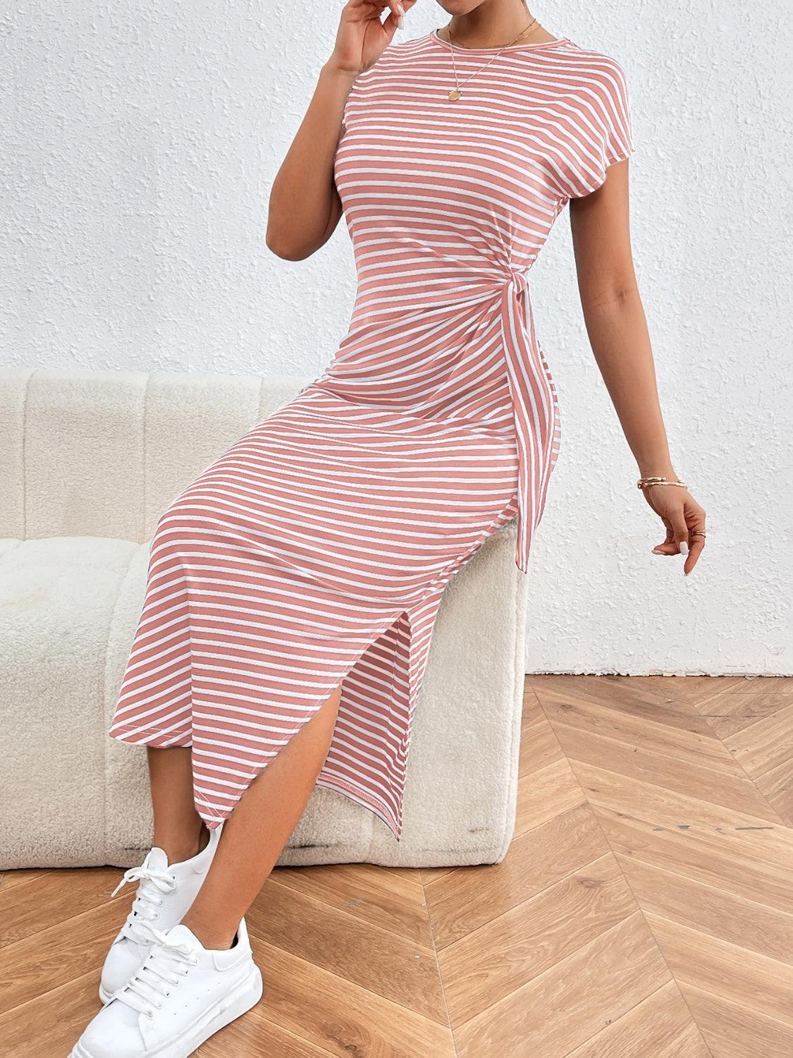 Honey Tied Striped Round Neck Short Sleeve Tee Dress