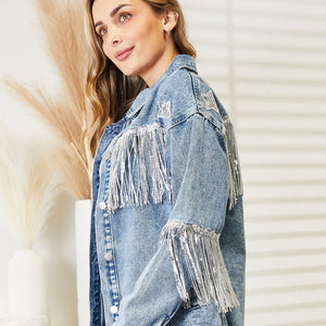 Fringe Detail Long Sleeve Denim Jacket