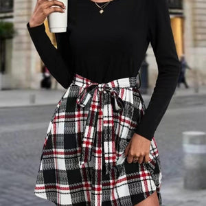 Tied Plaid Round Neck Long Sleeve Dress