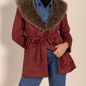 Fuzzy Collared Neck Tie Waist Jacket