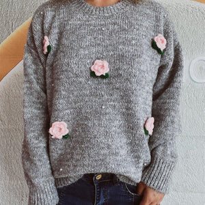 Flower Round Neck Long Sleeve Sweater