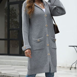 Pocketed Button Up Long Sleeve Hooded Cardigan