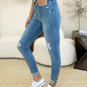 Judy Blue Full Size Mid Rise Destroy & Cuff Skinny Jeans