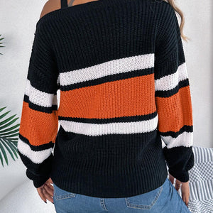 Color Block Asymmetrical Neck Long Sleeve Sweater