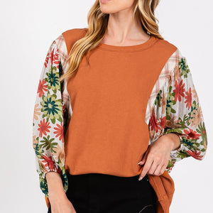 SAGE + FIG Full Size Printed Balloon Sleeve Contrast Top