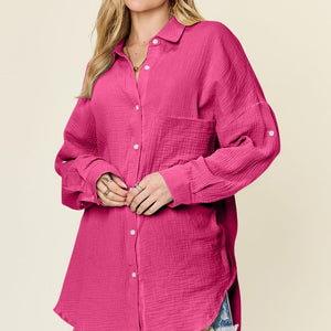 Double Take Full Size Pocketed Texture Button Up Shirt