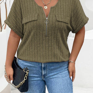 Plus Size Half Zip Short Sleeve T-Shirt