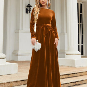 Tie Front Round Neck Long Sleeve Maxi Dress