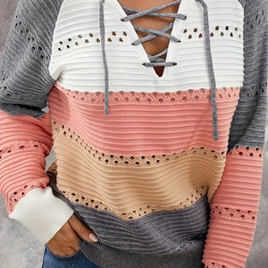 Lace-Up Contrast Long Sleeve Hooded Sweater