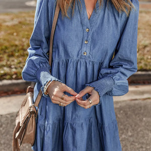 Tiered Johnny Collar Long Sleeve Denim Dress