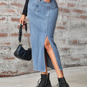 Slit High Waist Denim Skirt with Pockets