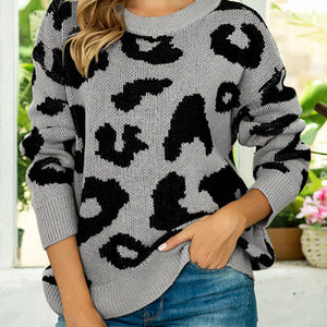 Drop Shoulder Leopard Pullover Sweater