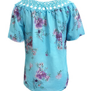 Full Size Printed Tie Neck Short Sleeve Blouse