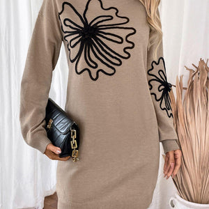 Perfee Flower Mock Neck Long Sleeve Sweater Dress