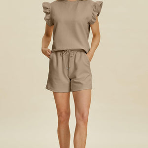 Double Take Full Size Texture Round Neck Ruffle Sleeve Top and Shorts Set