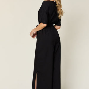 Double Take Full Size V-Neck Tied Side Slit Jumpsuit