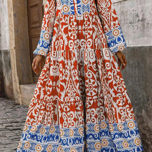 Printed Notched Long Sleeve Maxi Dress