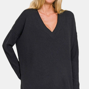 Zenana V-Neck Side Slit High-Low Sweater