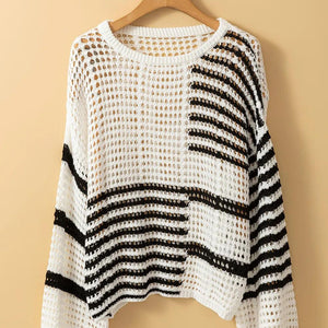 Openwork Striped Round Neck Knit Cover Up