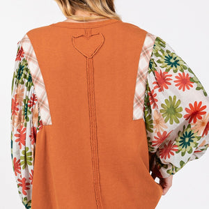 SAGE + FIG Full Size Printed Balloon Sleeve Contrast Top