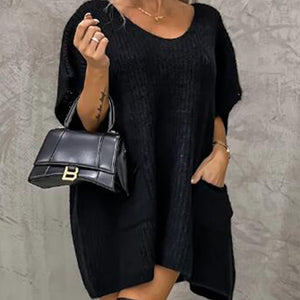 V-Neck Short Sleeve Sweater with Pockets