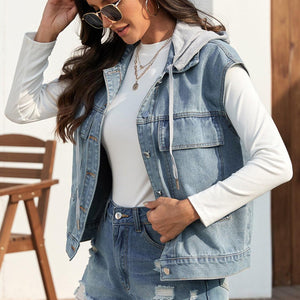 Drawstring Button Up Sleeveless Denim Jacket