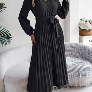 Pleated Tied V-Neck Long Sleeve Dress