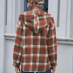 Ivy Lane Plaid Button Up Long Sleeve Hooded Jacket