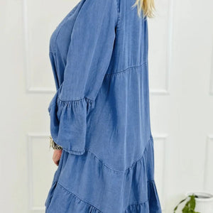 Notched Flare Sleeve Denim Dress