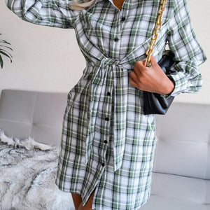 Tied Plaid Long Sleeve Mini Shirt Dress