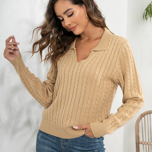 Johnny Collar Cable-Knit Long Sleeve Sweater