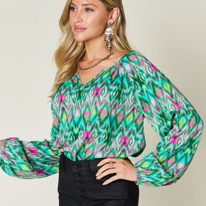 Double Take Full Size Printed Balloon Sleeve Blouse