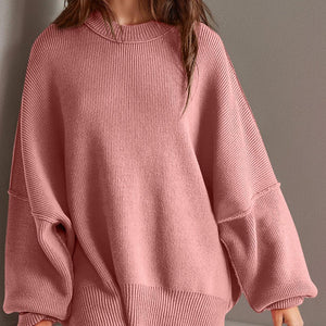 Double Take Side Slit Round Neck Long Sleeve Sweater