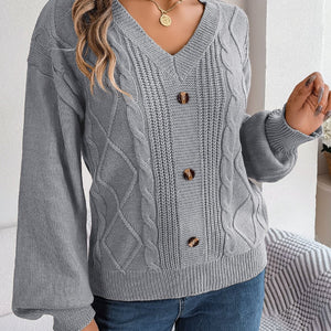 Cable-Knit Buttoned V-Neck Sweater